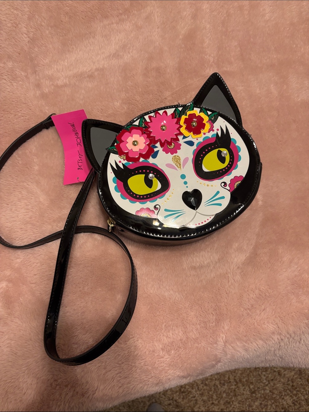 Betsey Johnson Sugar Skull Black Cat  Crossbody with Bright Floral Accents